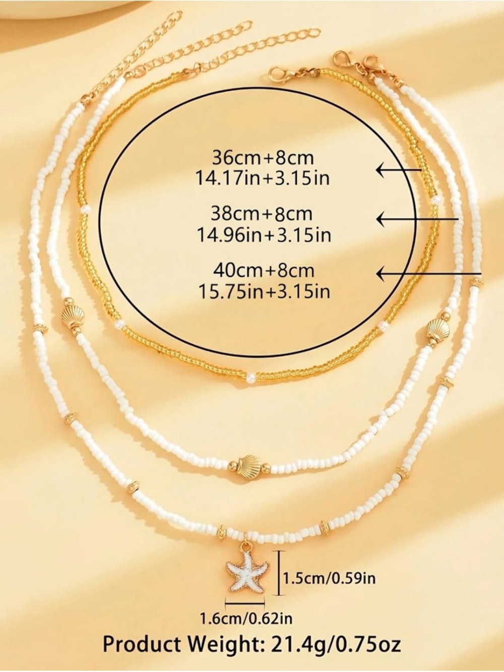 Trendy Summer Gold & White Beaded Layered Necklace Set with Starfish Charm - Picture 4 of 4